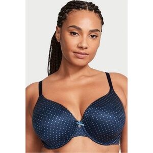 Victoria's Secret Lined Perfect Coverage Bra Navy Blue Polka Dot Size 40DD